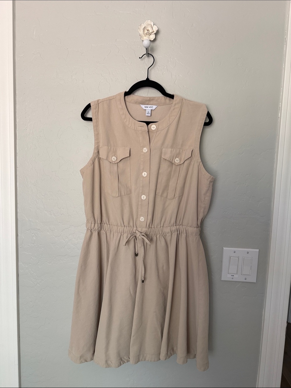 Nine West Beige Sleeveless Drawstring Waist Mini Dress